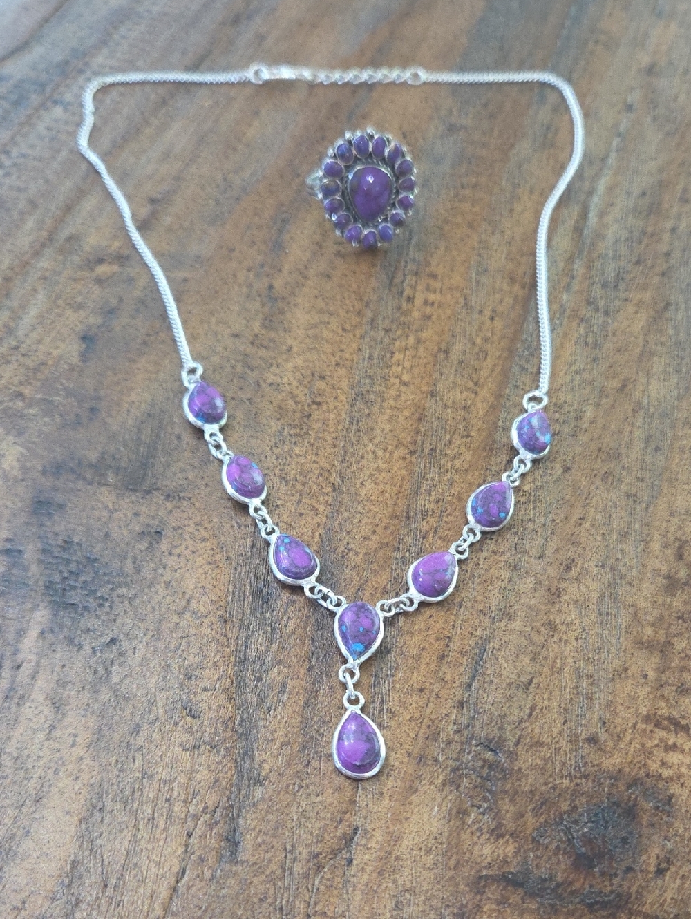 Sterling Silver Purple Torquoise Teardrop Necklace and Ring Set